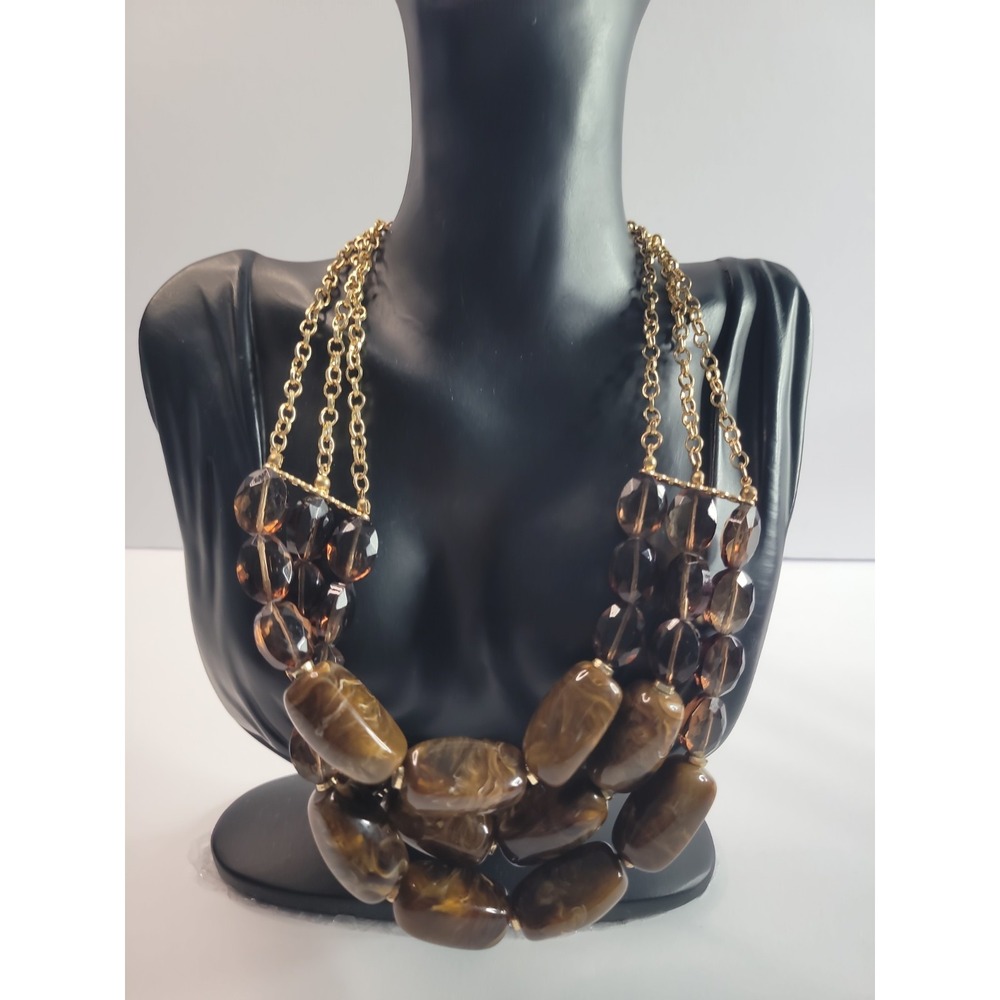 Multi Strand Brown Beaded Necklace Gold Tone Chain Boho Statement Strand